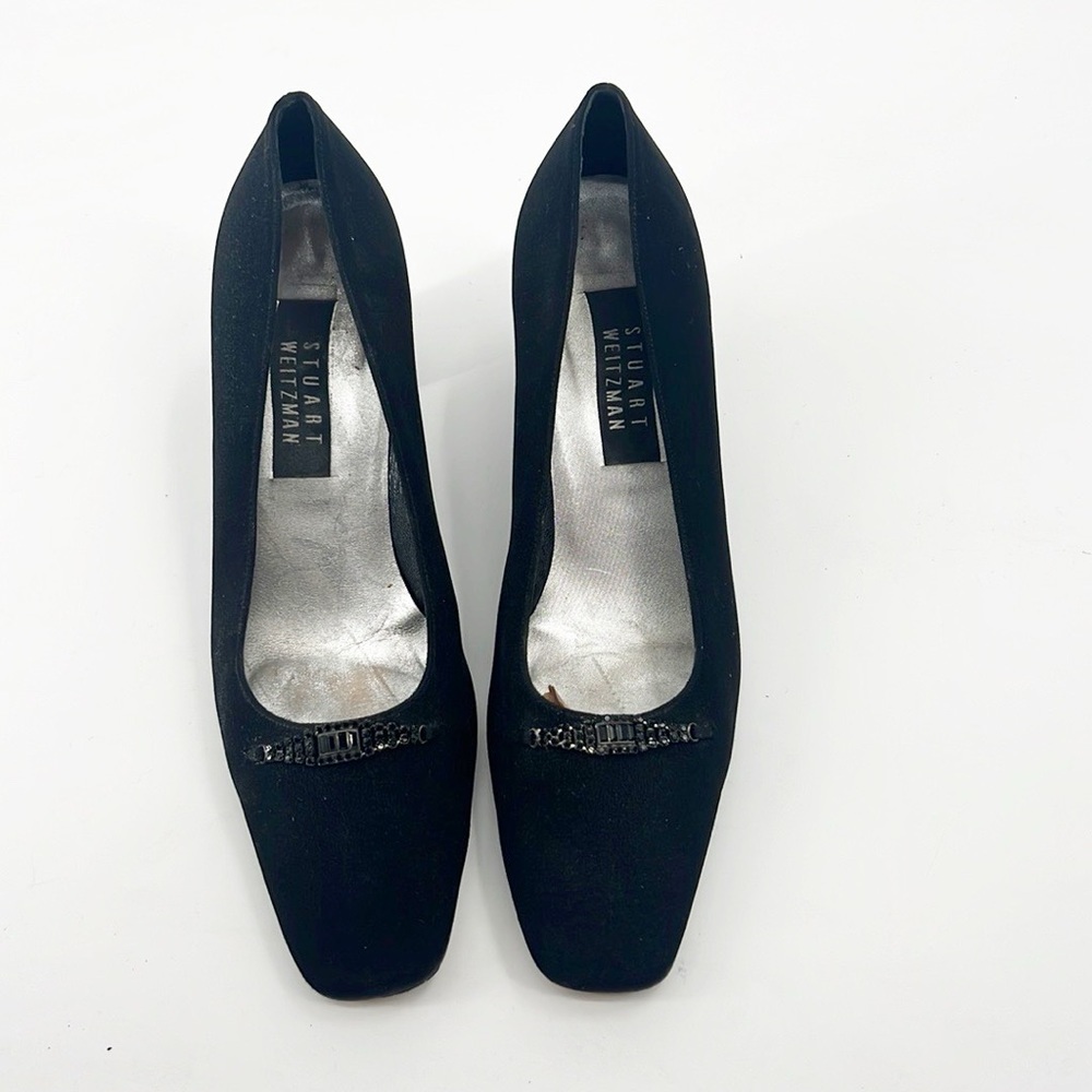 Stuart Weitzman Black Fabric Rhinestone Detail block heel size 9.5 Vintage - Picture 13 of 14